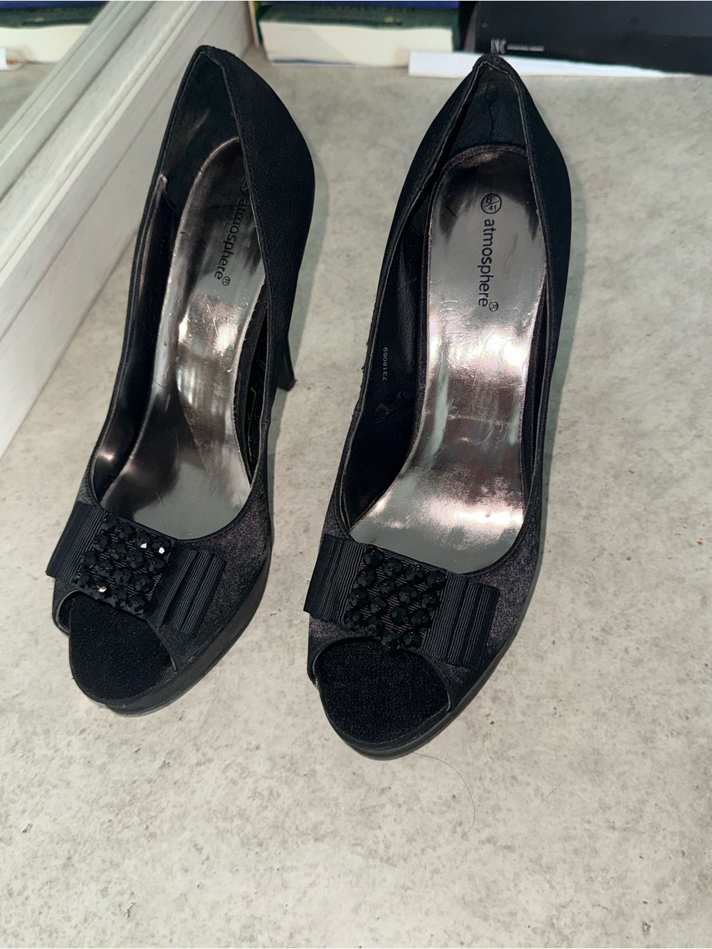 Primark Black Peep Toe Heels with Bow and Bead Detail